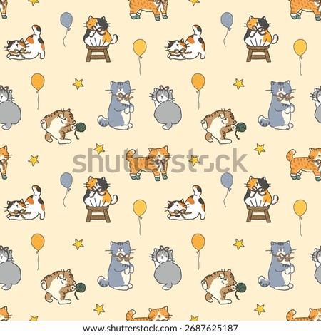 Seamless Pattern with Cute Cartoon Cat Design on Light Yellow Background. Hand Drawn Vector Illustration. Not AI Generated.