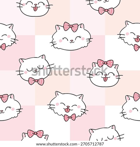 Seamless Pattern with Cute Cartoon Cat Face Design on Pastel Plaid Background. Hand Drawn Vector Illustration. Not AI Generated.