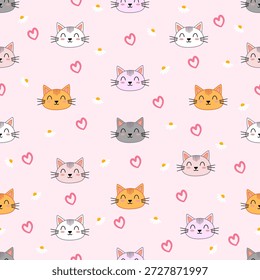 Nahtloses Muster niedlichen Cartoon Katze, Herz und Gänseblümchen für Kinder Tapete, Stoffdruck, Textil, Geschenk-Wrapping-Papier.Haustier Charakter Cartoon-Design.Miau lover.Kawaii.Vector.Illustration.
