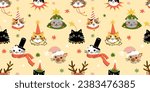Seamless pattern with Cute cartoon cats wearing different Christmas outfits.  Hand drawn vector illustration. Funny xmas background.