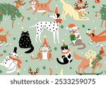 Seamless pattern with Cute cartoon cats and dogs wearing different Christmas outfits.  Hand drawn vector illustration. Funny xmas background.