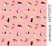 Seamless pattern with Cute Cartoon Cats in Cocktail Glasses. Party Pose Pack