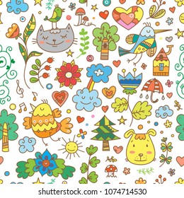 Seamless pattern with cute cartoon cats, dogs and birds on white  background. Flowers and plants of  spring time. Vector contour doodle style image. 