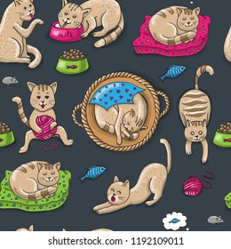 Seamless pattern with cute cartoon cats. The cat eats, sleeps, pulls up, plays with thread and mouse. Vector illustration for your design