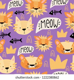 Seamless pattern with cute cartoon cats on a purple background. Hand-drawn graphics for the poster, postcard, flyer, children's clothes. Scandinavian style. Vector illustration.