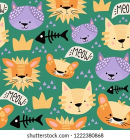 Seamless pattern with cute cartoon cats on a green background. Hand-drawn graphics for the poster, postcard, flyer, children's clothes. Scandinavian style. Vector illustration.