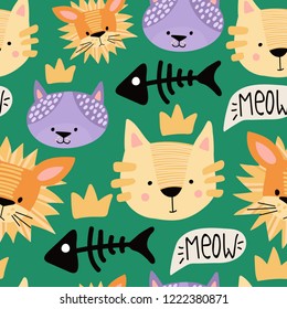 Seamless pattern with cute cartoon cats on a green background. Hand-drawn graphics for the poster, postcard, flyer, children's clothes. Scandinavian style. Vector illustration.