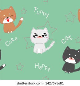 Seamless Pattern with cute cartoon cats vector have the message that happy , fun , cute ,cat and star-shaped on  green background .