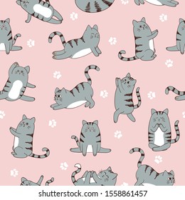 Seamless pattern with cute cartoon cats exercising seamless pattern. Vector fitness background.