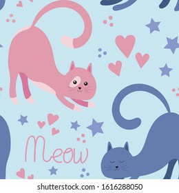 Seamless pattern. Cute cartoon cats on a colored background. Flat vector illustration.