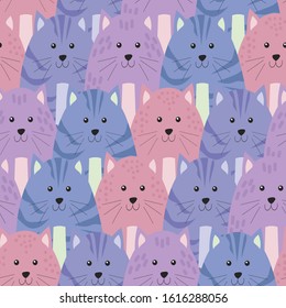 Seamless pattern. Cute cartoon cats on a colored background. Flat vector illustration.