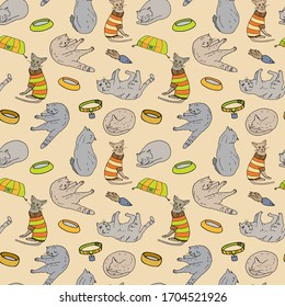 Seamless pattern with cute cartoon cats and supplies. Hand drawn colored vector illustration isolated on yellow background. Funny kittens for textile, cards, wrapping, decoration, wallpaper, printing