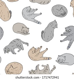 Seamless pattern with cute cartoon cats. Hand drawn grey and brown colored vector illustration isolated on white background. Funny kittens for textile, cards, wrapping, decoration, wallpaper, printing