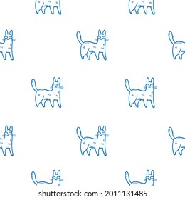 Seamless pattern with cute cartoon cats on white background. Funny animals wallpaper. Vector doodle kittens print.