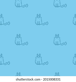 Seamless pattern with cute cartoon cats on blue background. Funny animals wallpaper. Vector doodle kittens print.