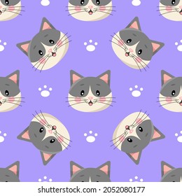 Seamless pattern with cute cartoon cats and paws isolated on violet background