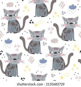 Seamless pattern with cute cartoon cats. Creative childish background. Vector illustration