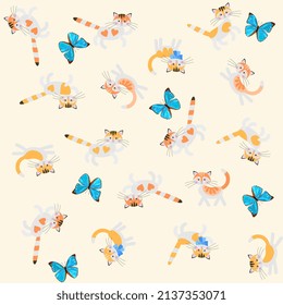 Seamless pattern with cute cartoon cats and blue tropical butterflies isolated on white background in ivory shade. Animal print for baby fabric. Symbol of Chinese New Year, 2023.