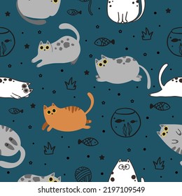Patrón sin foco con lindos gatos de dibujos animados. Excelente para tela, ilustración vectorial textil