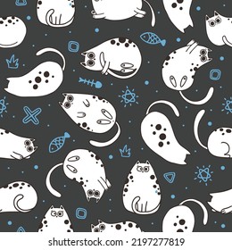 Patrón sin foco con lindos gatos de dibujos animados. Excelente para tela, ilustración vectorial textil