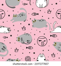 Seamless pattern with cute cartoon cats. Great for fabric, textile vector illustration