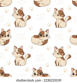 Seamless pattern with cute cartoon cats in funny poses sit and lie for kids room decor