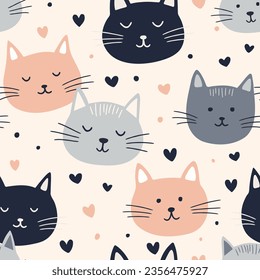 Patrón sin foco con lindos gatos de dibujos animados. Ilustración vectorial en estilo plano. Se puede usar para imprimir tela, textil, papel de envoltura, sala de vivero.