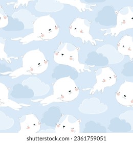 Seamless Pattern with Cute Cartoon Cats flying on the Sky