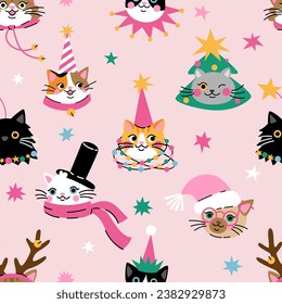 Seamless pattern with Cute cartoon cats wearing different Christmas outfits.  Hand drawn vector illustration. Funny xmas background.