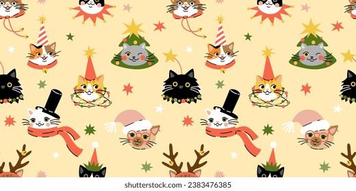 Seamless pattern with Cute cartoon cats wearing different Christmas outfits.  Hand drawn vector illustration. Funny xmas background.