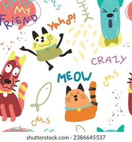 Seamless pattern with cute cartoon cats, dots, spots, words on white background. Kids pattern, vector illustration, doodle.