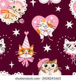 Seamless pattern with Cute cartoon cats in heart shape frame. Hand drawn vector illustration. Funny Valentine's day character background.