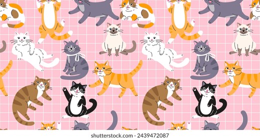 Seamless pattern with Cute cartoon cats. Lovely Kitten design.  Hand drawn trendy vector illustration. Adorable pet background.