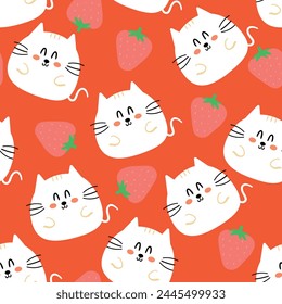 Seamless pattern with cute cartoon cats and strawberries for fabric print, textile, gift wrapping paper. children's colorful vector, flat style