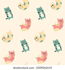 Seamless pattern with cute cartoon cats. Graphic surface design: pretty kittens, adorable baby animals in pastel colors. Isolated pets on light background. Vector illustration.