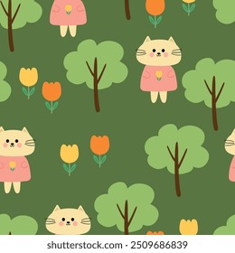 Seamless pattern with cute cartoon cats, for fabric prints, textiles, gift wrapping paper. children's flat and colorful style