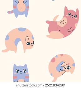 Seamless pattern with cute cartoon cats, adorable kittens. Simple children's surface design: pets, domestic animals in delicate pastel colors. Isolated animals on light background. Vector illustration