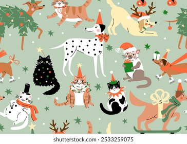 Seamless pattern with Cute cartoon cats and dogs wearing different Christmas outfits.  Hand drawn vector illustration. Funny xmas background.