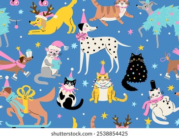 Seamless pattern with Cute cartoon cats and dogs wearing different Christmas outfits.  Hand drawn vector illustration. Funny xmas background.