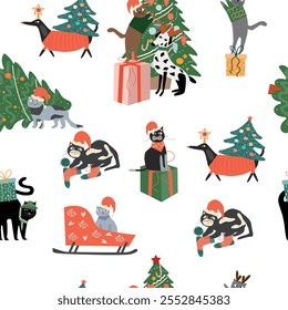 Seamless pattern with Cute cartoon cats and dogs wearing different Christmas outfits. Hand drawn vector illustration. Funny xmas background.