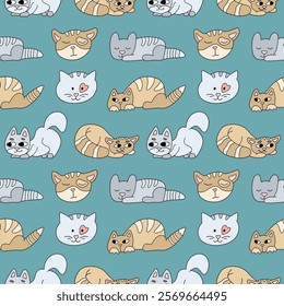 A seamless pattern of cute cartoon cats in various poses