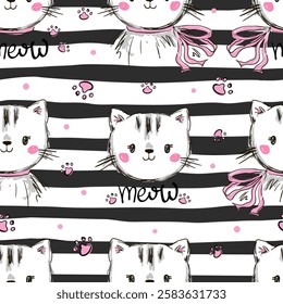 Seamless pattern with cute cartoon cats and the inscription meow. Vector illustration. Creative childish background.