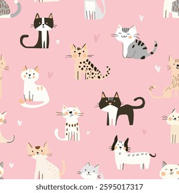 Seamless pattern of cute cartoon cats on a soft pink background with small hearts, designed in a flat and minimalist style