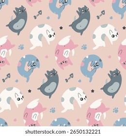 Padrão perfeito com bonitos gatos de desenhos animados em cores pastel. Design de superfície infantil, textura repetida para têxtil, papel de parede impressão de gatinhos bonitos, animais adoráveis abstratos. Ilustração vetorial.