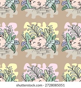 Padrão perfeito com bonitos gatos de desenhos animados e folhas tropicais. Ilustração vetorial.