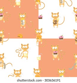 Seamless pattern with cute cartoon cats and food on a checkered background.