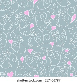  	Seamless pattern of cute cartoon cats curls lines and heart. Vector illustration.
