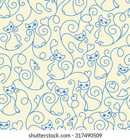 Seamless pattern of cute cartoon cats curls lines and heart. Vector illustration.