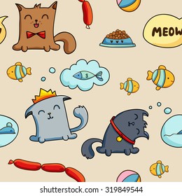 Seamless pattern with cute cartoon cats