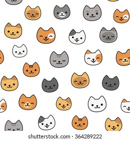 Seamless pattern of cute cartoon cats, different breeds and colors.